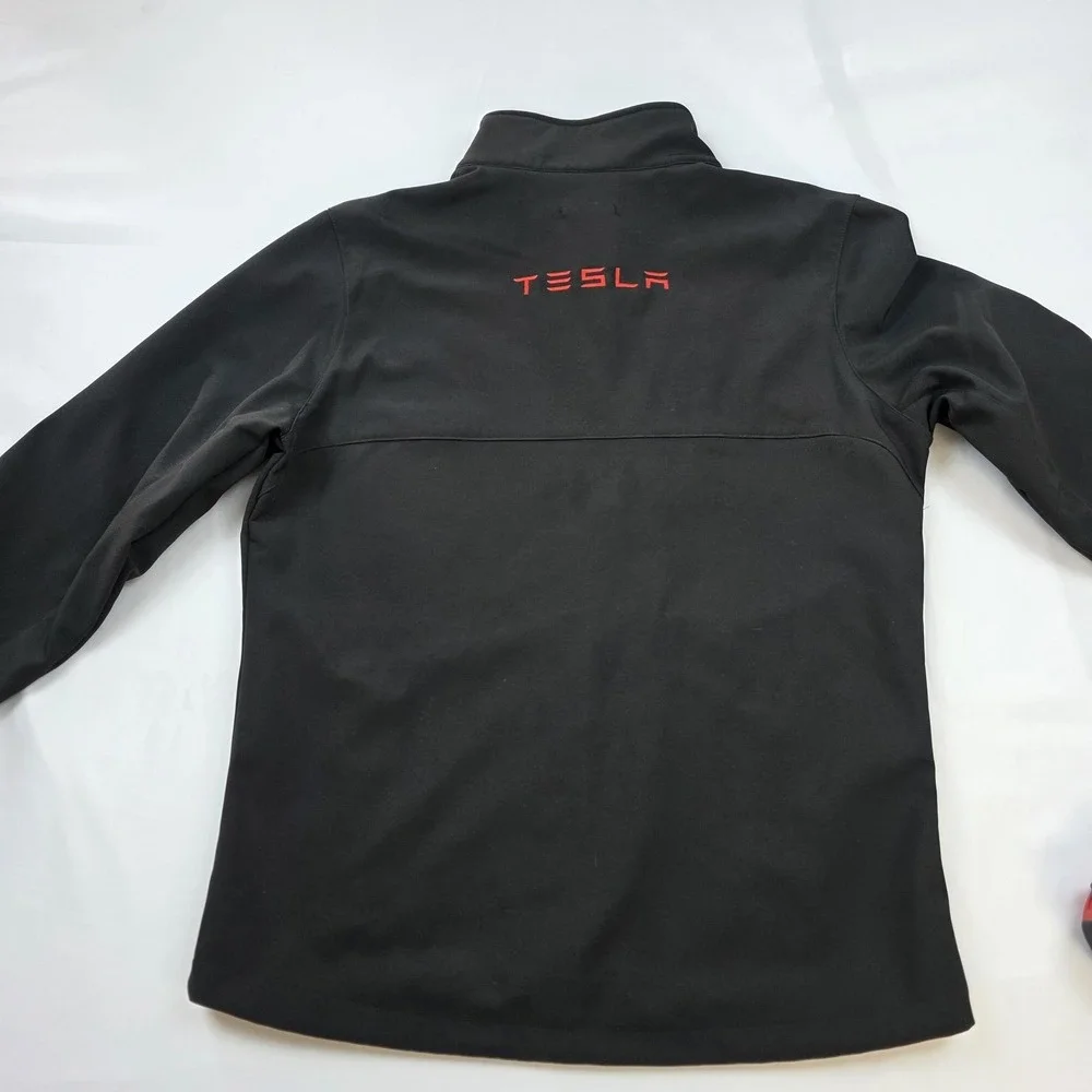 Tesla Jacket Mens Medium Black Softshell Full Zip Red Logo Car Windbreaker